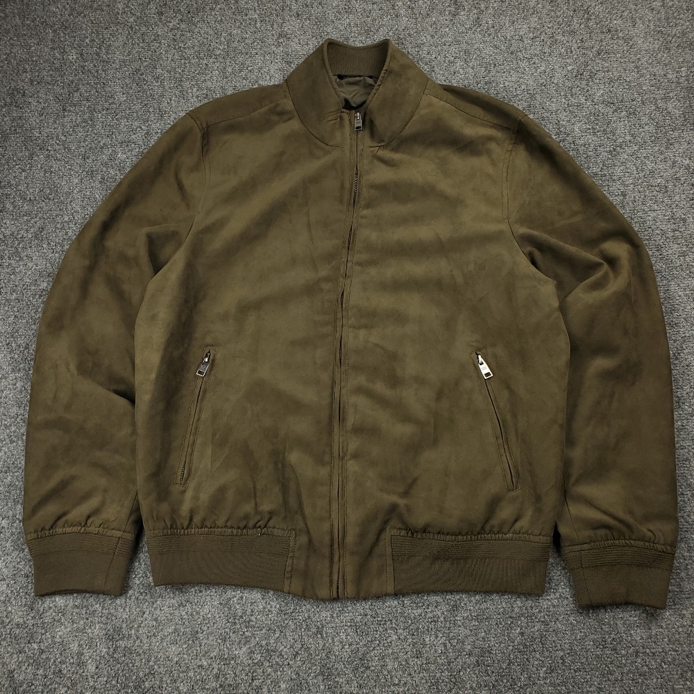 Mango MNG Man Bomber Jacket Medium Micro Suede Olive Green Lightweight Casual